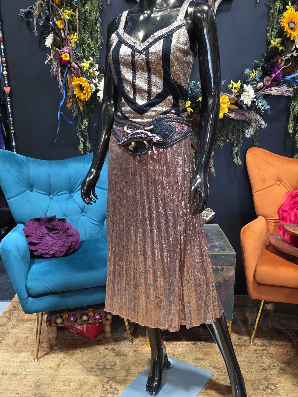 Urban Outfitters Rose Gold Sequin Pleated Midi Skirt